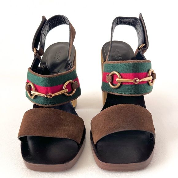 GUCCI || Querelle Horsebit Web stripe Suede Chunky Gold High Heel Sandal EU 38 - Picture 4 of 15